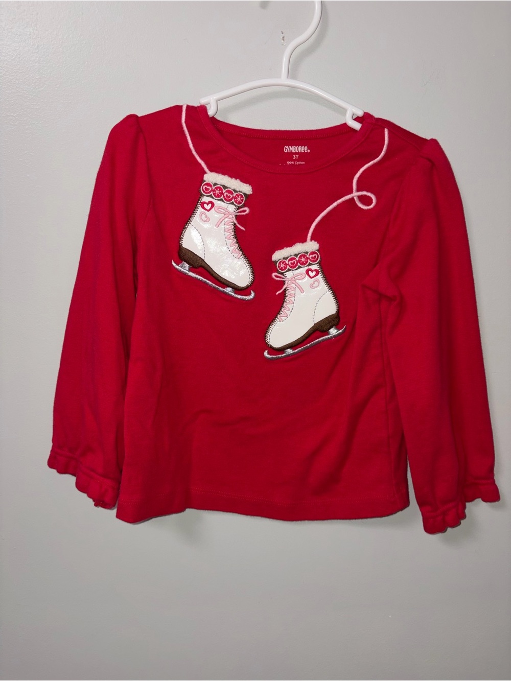 Gymboree Red Long Sleeve Top White Ice Skates Appliqué Winter Cozy 3T